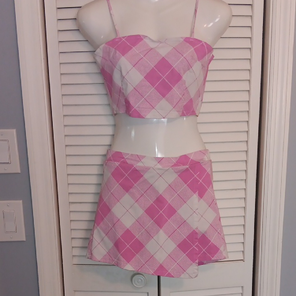 Rue21 Women's Size M Pink Tank Top Skort Shorts White Plaid Matching Outfit